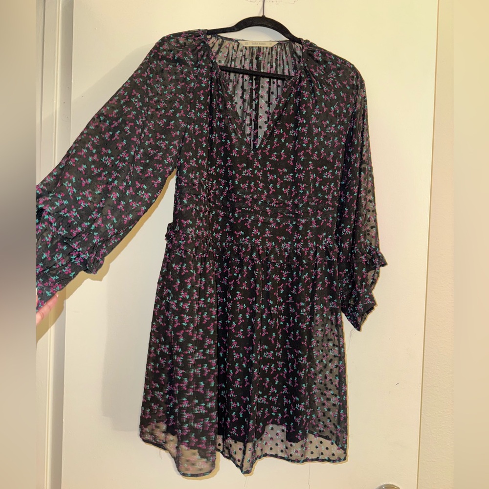 Zara Basic Black Dress with Pink Purple Floral Design
